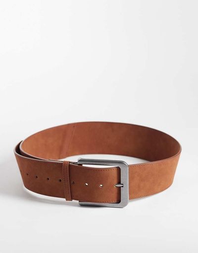 ASOS DESIGN ASOS DESIGN faux suede low waist wide square buckle belt in tan-Brown