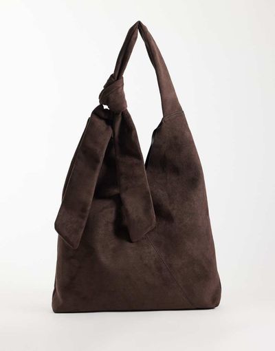 ASOS DESIGN ASOS DESIGN faux suede tote with knot detail handle in chocolate-Brown