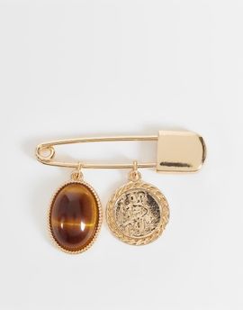 ASOS DESIGN ASOS DESIGN faux tigers eye stone and coin safety pin brooch in gold