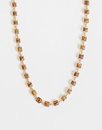 ASOS DESIGN ASOS DESIGN faux tigers eye stone set necklace in gold-Green