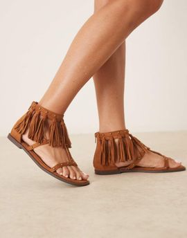 ASOS DESIGN ASOS DESIGN Feather studded fringe flat sandals in tan-Brown