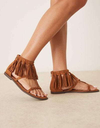 ASOS DESIGN ASOS DESIGN Feather studded fringe flat sandals in tan-Brown