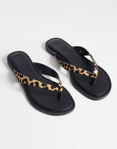 ASOS DESIGN ASOS DESIGN Fenna premium leather flip flops in leopard hair on real leather-Multi