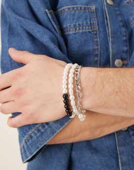 ASOS DESIGN ASOS DESIGN festival mixed chain and beaded 3 pack bracelets in silver tone
