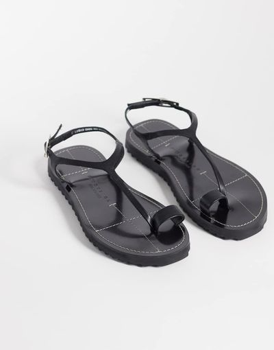 ASOS DESIGN ASOS DESIGN Filomena premium whipstitch skinny toe loop sandals in black leather