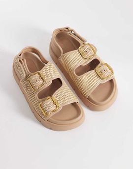 ASOS DESIGN ASOS DESIGN Filter chunky footbed sandals with double buckle in natural raffia-Neutral