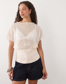 ASOS DESIGN ASOS DESIGN fine knit sheer cinched top in ecru-White