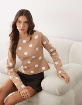 ASOS DESIGN ASOS DESIGN fine knit slash neck sweater in ecru polka dot-Multi