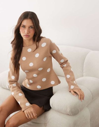 ASOS DESIGN ASOS DESIGN fine knit slash neck sweater in ecru polka dot-Multi