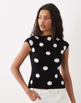 ASOS DESIGN ASOS DESIGN fine knit slash neck top in black polka dot print-Multi