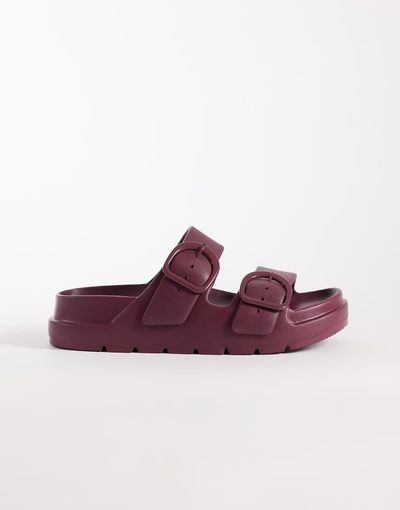ASOS DESIGN ASOS DESIGN Finn flatform double buckle slides in burgundy-Red