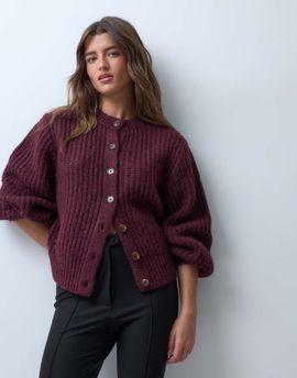 ASOS DESIGN ASOS DESIGN fisherman rib waisted cardigan with wool in plum-RED