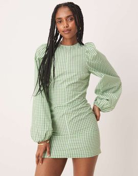 ASOS DESIGN ASOS DESIGN fit and flare mini dress with tie back detail in green gingham-Multi