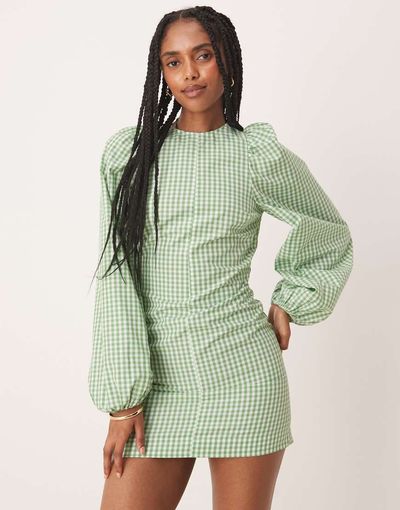 ASOS DESIGN ASOS DESIGN fit and flare mini dress with tie back detail in green gingham-Multi