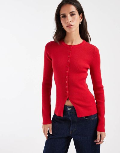Asos Design Fitted Rib Knit Longline Cardigan In Red