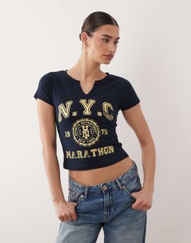 ASOS DESIGN ASOS DESIGN fitted v neck raglan sleeve T-shirt with NYC graphic in navy-Blue