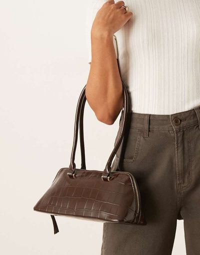 ASOS DESIGN ASOS DESIGN flat base bowler bag in chocolate croc-Red