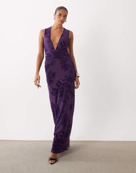 ASOS DESIGN ASOS DESIGN flocked mesh plunge neck gathered waist maxi dress in purple