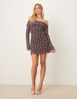 ASOS DESIGN ASOS DESIGN flocked off the shoulder mini dress in brown