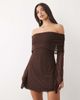 ASOS DESIGN ASOS DESIGN flocked polka dot mini bardot off shoulder dress with exaggerated flute sleeve in brown - 1