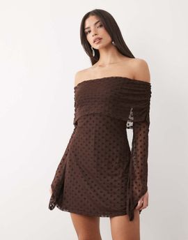ASOS DESIGN ASOS DESIGN flocked polka dot mini bardot off shoulder dress with exaggerated flute sleeve in brown