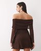 ASOS DESIGN ASOS DESIGN flocked polka dot mini bardot off shoulder dress with exaggerated flute sleeve in brown - 4