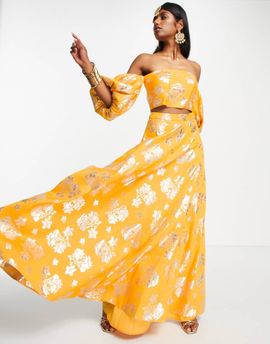 ASOS DESIGN ASOS DESIGN floral jacquard maxi lehenga skirt in apricot - part of a set-Orange
