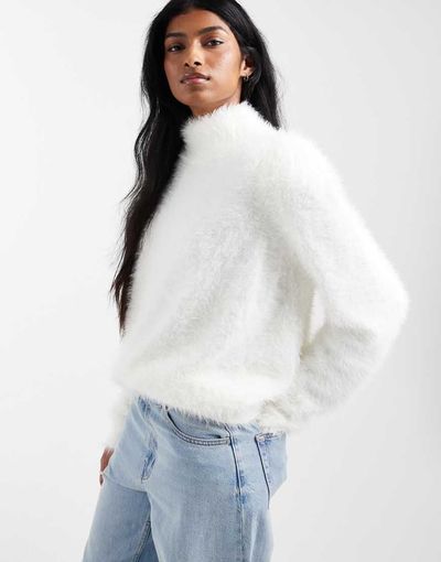 ASOS DESIGN ASOS DESIGN fluffy high neck extreme sleeve oversized sweater in cream-White