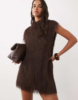 ASOS DESIGN ASOS DESIGN fluffy sleeveless funnel mini dress in chocolate-Brown