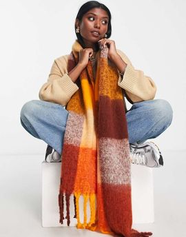 ASOS DESIGN ASOS DESIGN fluffy tassel scarf in orange oversized check-Brown