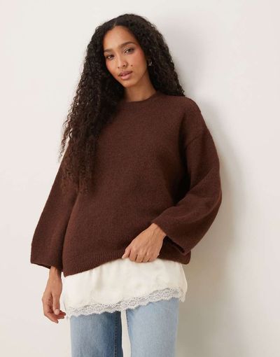 ASOS DESIGN ASOS DESIGN fluffy wide sleeve knit sweater with wool in brown-Red