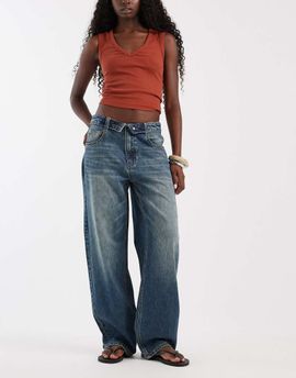 ASOS DESIGN ASOS DESIGN fold over waistband jeans in vintage wash-Blue