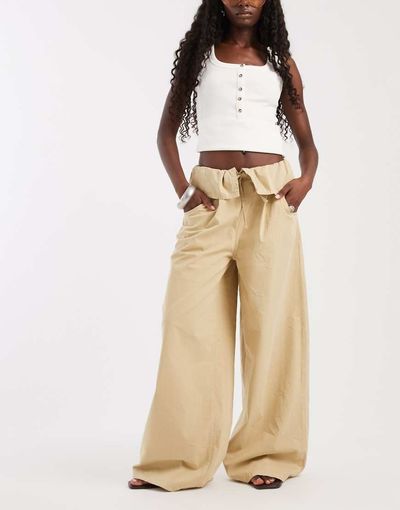 ASOS DESIGN ASOS DESIGN fold waist wide leg pants in stone-Neutral