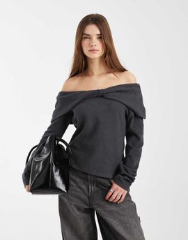 ASOS DESIGN ASOS DESIGN folded over shoulder long sleeve ribbed top in charcoal-Red