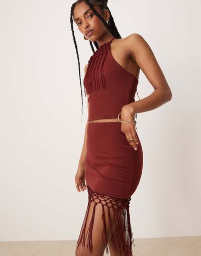 ASOS DESIGN ASOS DESIGN fringed hem mini skirt in rust - part of a set-Brown