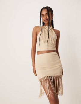 ASOS DESIGN ASOS DESIGN fringed hem mini skirt in stone - part of a set-Neutral