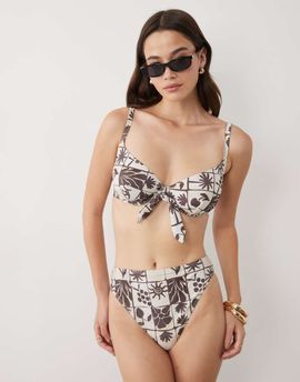 ASOS DESIGN ASOS DESIGN Fuller Bust Lea underwired bikini top with tie detail in scarf print-Brown