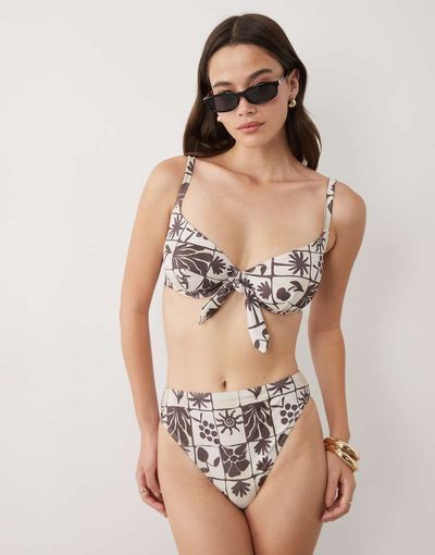 ASOS DESIGN ASOS DESIGN Fuller Bust Lea underwired bikini top with tie detail in scarf print-Brown