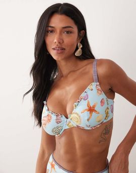 ASOS DESIGN ASOS DESIGN Fuller Bust Solar Starfish underwire bikini top in blue sea print-Multi