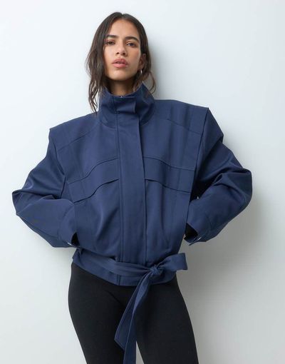 ASOS DESIGN ASOS DESIGN funnel neck belted hem 80s sport jacket-Navy