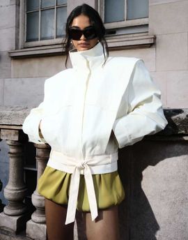 ASOS DESIGN ASOS DESIGN funnel neck belted hem 80s sport jacket in cream-White