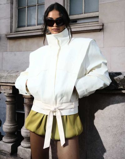 ASOS DESIGN ASOS DESIGN funnel neck belted hem 80s sport jacket in cream-White