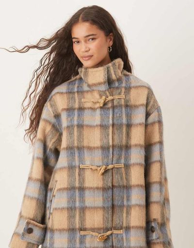 ASOS DESIGN ASOS DESIGN funnel neck coat with wool and toggle detail in heritage check-Multi
