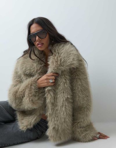 ASOS DESIGN ASOS DESIGN funnel neck short faux fur belted coat in mid brown