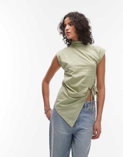 ASOS DESIGN ASOS DESIGN funnel neck sleeveless with wrap detail top in dusty green