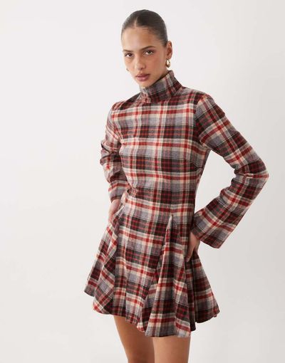 Asos Design Funnel Neck Tailored Godet Mini Dress In Red Plaid Multi