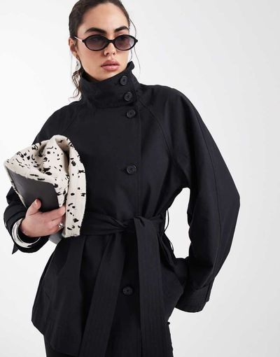 ASOS DESIGN ASOS DESIGN funnel neck tie belt trench coat in black