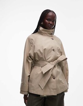 ASOS DESIGN ASOS DESIGN funnel neck tie belt trench coat in stone-Green