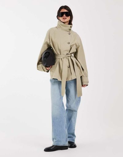 ASOS DESIGN ASOS DESIGN funnel neck tie belt trench coat in stone-Neutral
