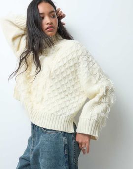 ASOS DESIGN ASOS DESIGN funnel neck wool blend tassel sweater in cream-WHITE